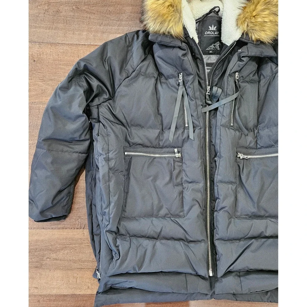 Orolay Ski Lodge Expandable 3XL Black Thickened Down Jacket Faux Fur Hood